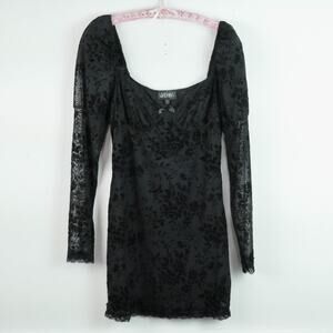 Dolls Kill Widow Cut Class Mesh Mini Dress XL Floral Goth Black Puff Sleeve